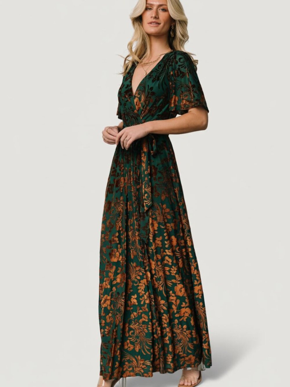Baltic Born Uma Velvet Maxi Dress | Bronze + Jade Size L - Picture 3 of 5